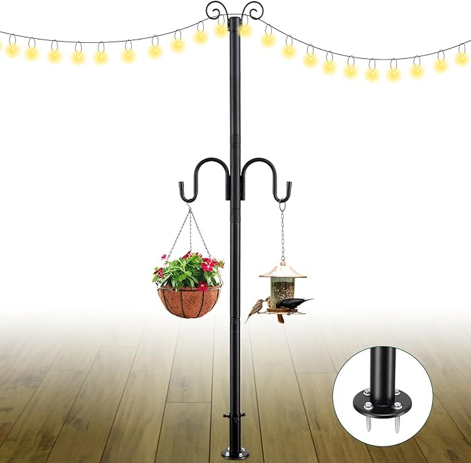 String Light Poles, 10FT Patio Light Poles for String Lights Metal Post Pole with Hooks to Hang Outdoor String Lights, Plant Baskets, Bird Feeder