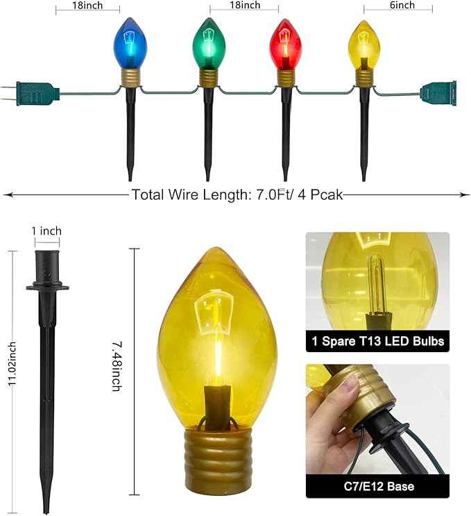 Jumbo C9 Christmas Pathway Lights Outdoor, 2 Pack 7Ft Christmas Decorations String Lights with 8 LED Jumbo Multicolor Bulb Marker Stakes Lights for Outdoor Walkway Lawn Yard Garden