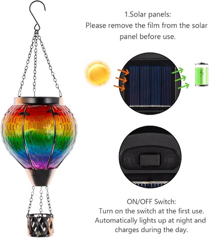 DREAMSOUL 2 PCS Solar Hot Air Balloon Lantern with Flame, Glass Hanging Solar Lanterns Outdoor Waterproof for Lawn Patio Porch Decor