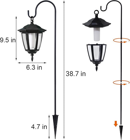 Dynaming 2 Pack Solar Flame Hanging Lights Outdoor, Halloween Solar Flickering Flame LED Garden Lanterns with 2 x 38 Inch Shepherd Hooks, Christmas Lighting for Lawn Patio Yard Pathway Driveway
