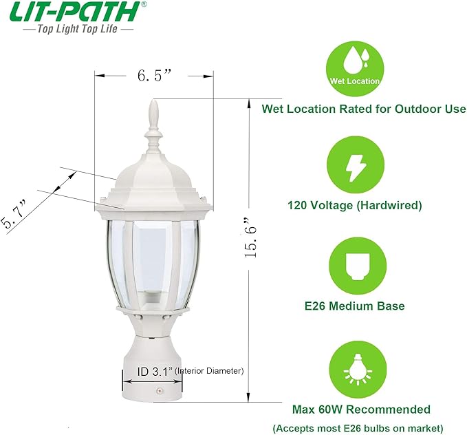 Lamp Post Light for Outdoor Posts, White Waterproof
