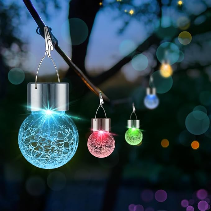 12 Pack Hanging Solar Lights Outdoor Decorative, Waterproof Solar Globe Lantern with Handle and Clip, Solar Powered Cracked Glass Ball Lights for Garden Yard Patio, Fence Tree Umbrella, Holiday Decor