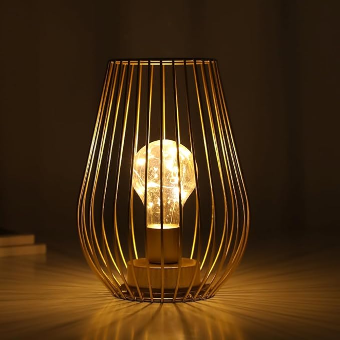 TRIROCKS Metal Battery Operated Lamp 8'' Tall Cage Shape Cordless Table Lantern with Warm Fairy Lights Bulb for Thanksgiving Christmas Patio Garden Wedding Parties Indoor Outdoor (Golden)