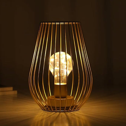 TRIROCKS Metal Battery Operated Lamp 8'' Tall Cage Shape Cordless Table Lantern with Warm Fairy Lights Bulb for Thanksgiving Christmas Patio Garden Wedding Parties Indoor Outdoor (Golden)