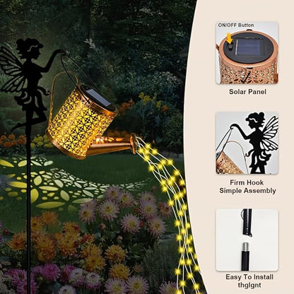 Solar Watering Can Light Garden Decorations Outdoor Weatherproof Shower Lights - Large Retro Metal Lantern Hanging Star Flashing Led Fairy Art Decorative Lamp for Gifts for Mom Grandma Women Birthday