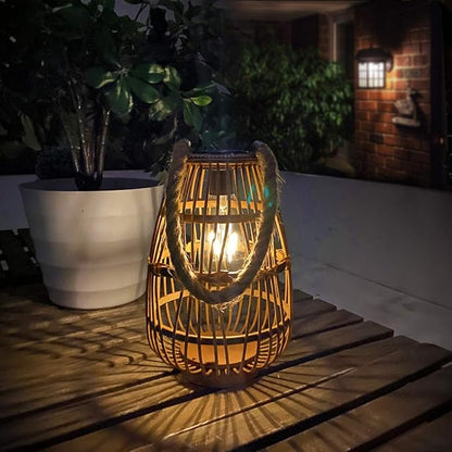 Natural Rattan Solar Lantern with Handle - Large Waterproof LED Decorative Garden Lights, Bright Rattan Solar Table Lamp for Yard, Patio, Wedding, Home Decoration