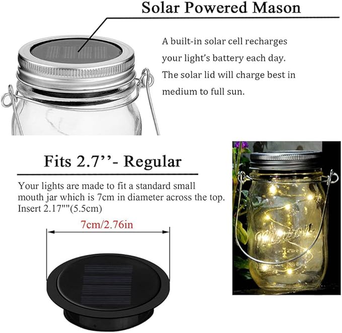 6 Pack Mason Jar Lights, 10 LED Solar Multi-Colored Fairy String Lights Lids Insert for Garden Deck Patio Party Wedding Decorative Lighting Fit for Regular Mouth Jars