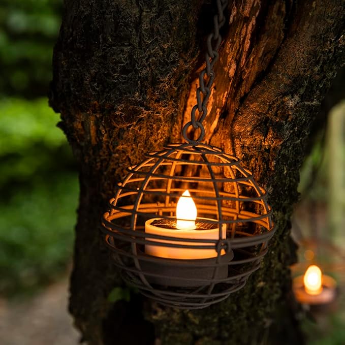 Courtyard Solar Hanging Lanterns 4-Pack, Metal Patio Decor