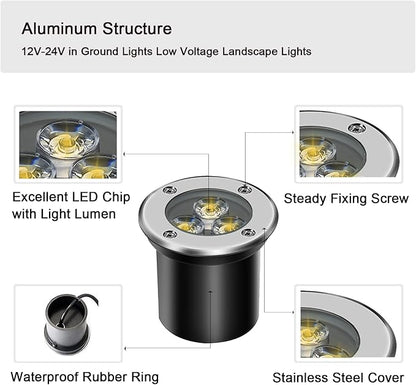 4 Pack Low Voltage LED Landscape Lights - 3W 12V/24V IP67 Waterproof In-Ground Well Lights with Convex Lens for Driveway, Garden, Pathway, Deck (Warm White 3000K) + 8 Wire Connectors Included