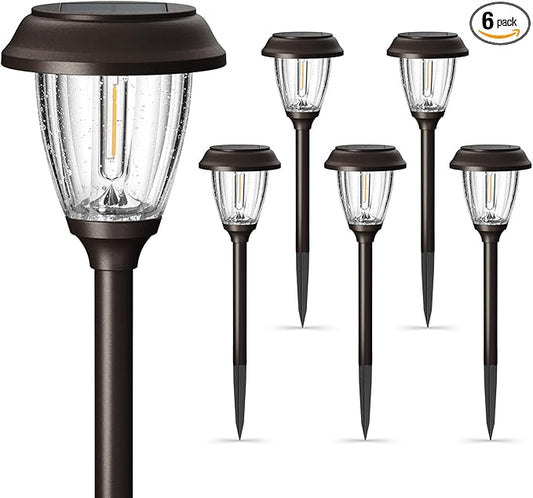 XMCOSY+ Solar Pathway Lights Outdoor, Glass & Stainless Steel Garden Lights with 2 Lighting Modes (10/25 LM), IP65 Waterproof, Warm White for Yard, Walkway, Driveway, Patio & Path (6 Pack)