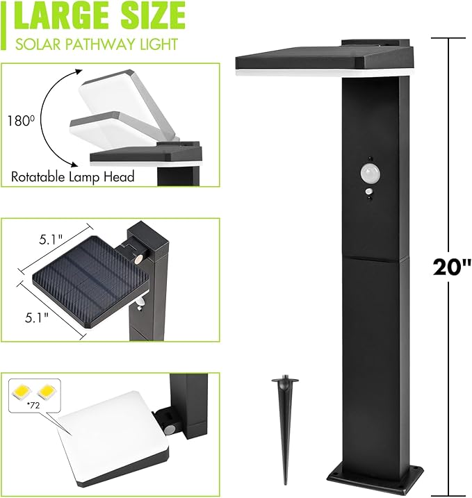 Solar Motion Pathway Lights Outdoor, 2 Pack Solar Powered Garden Lights Waterproof, 72 LED 600 Lumens Super Bright Motion Sensor Solar Path Light, Aluminum Black Garden Light with Groundstake