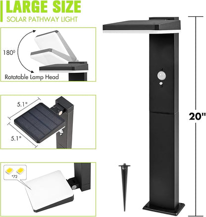 Solar Pathway Lights Outdoor - Motion Sensor Solar Path Light, 72 LED 600 Lumens Super Bright, Aluminum Waterproof Outdoor Garden Light with Groundstake for Yard, Walkway, Lawn, Driveway, 20"