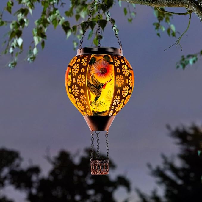 DREAMSOUL Hummingbird Hot Air Balloon Solar Lantern, Metal & Glass Flickering Flame Light Solar Lantern, Hanging Waterproof Solar Lanterns Outdoor for Garden Patio Tree Decoration