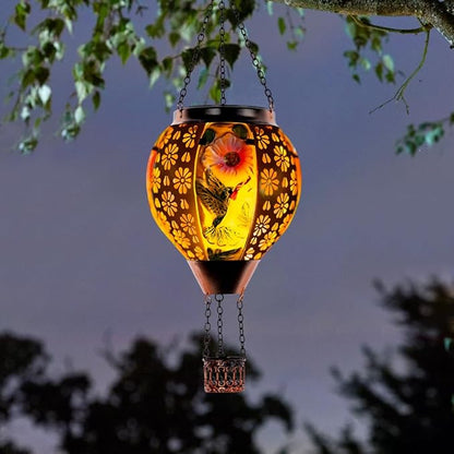 DREAMSOUL Hummingbird Hot Air Balloon Solar Lantern, Metal & Glass Flickering Flame Light Solar Lantern, Hanging Waterproof Solar Lanterns Outdoor for Garden Patio Tree Decoration