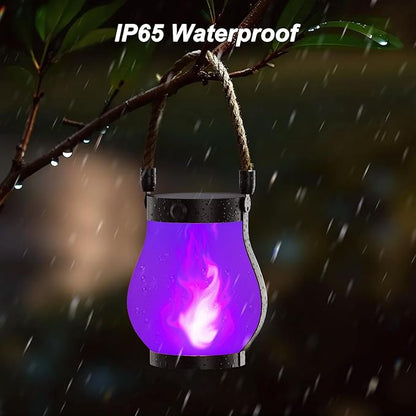 Hompavo Gen2 Solar Lanterns Outdoor with Ultra-Real Flame, Dual Charging (USB/Solar) & 2 Modes - Waterproof Decorative Hanging/Table Lights for Patio Garden Halloween Decorations, 2/Purple