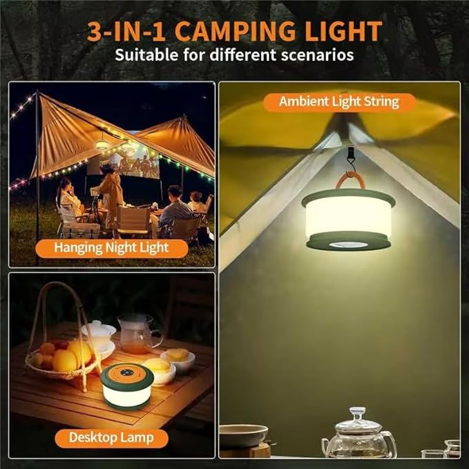 Camping String Lights, 3 in 1 Upgraded Retractable RGB Outdoor Tent Lights with 19 Modes, Quick 30s Recovery, 32.8 FT Portable, Rechargeable Camping Lantern (Green & Orange)