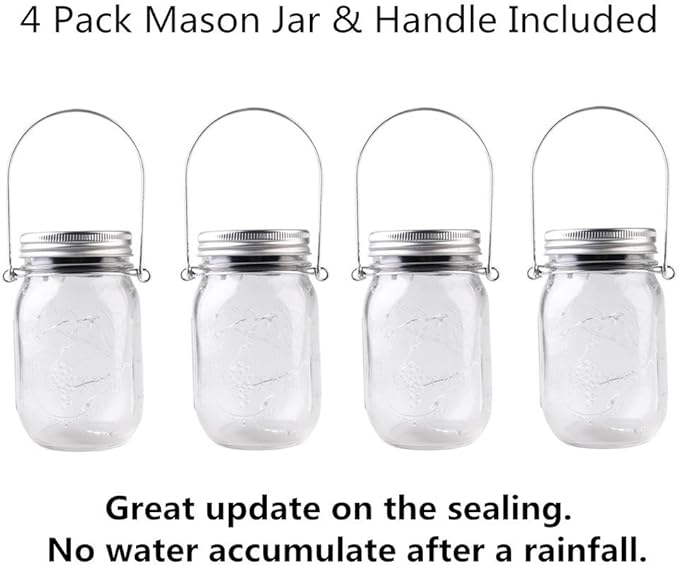 4-Pack Solar-powered Mason Jar Lights (Mason Jar / Handle Included),20 Bulbs Jar Hanging Light,Garden Outdoor Solar / Hanging Lantern,Decor Solar Light,Table Light,Patio Path Light,Warm White