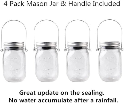 4-Pack Solar-powered Mason Jar Lights (Mason Jar / Handle Included),20 Bulbs Jar Hanging Light,Garden Outdoor Solar / Hanging Lantern,Decor Solar Light,Table Light,Patio Path Light,Warm White