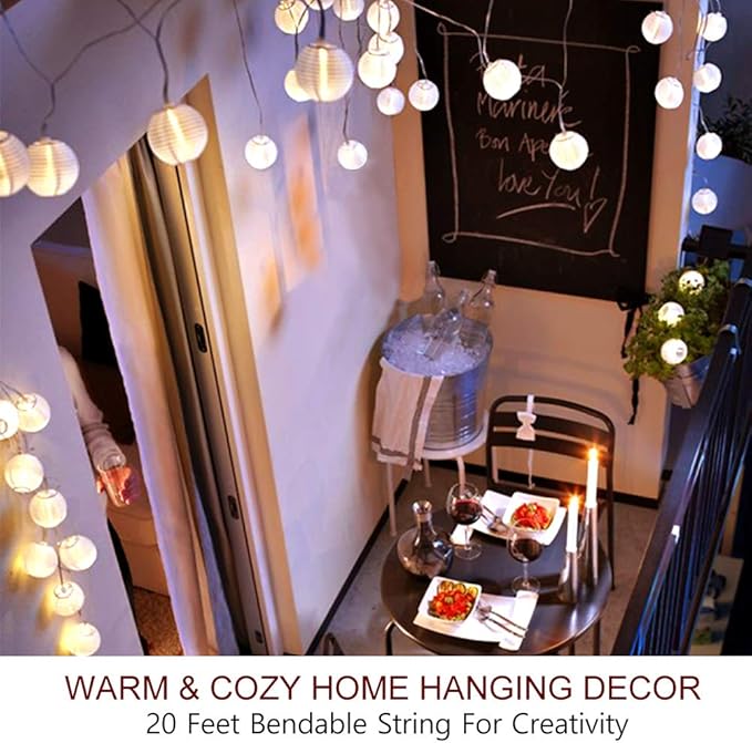 Bright Zeal 20' Long 30 LED Lanterns String Lights Battery Powered - Indoor Outdoor 3" White Silk-Like Cloth Round LED Lanterns String Decoration - Mini Ball Lights for Yard Bedroom Wedding Décor