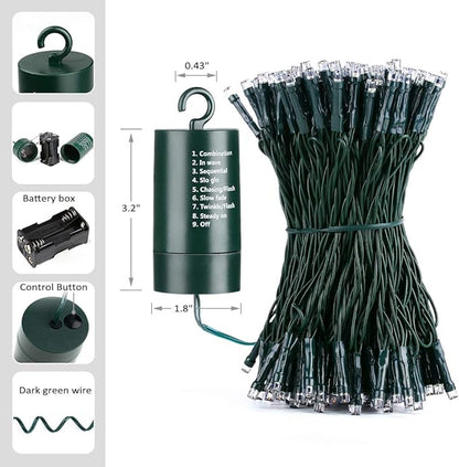 Joomer Green Battery String Lights, 66ft 200LED Fairy Lights Battery Operated Timer 8 Modes Waterproof for Outdoor St. Patrick's Day Christmas Trees Decoration