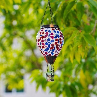 Mosica Hot Air Balloon Solar Lantern, Glass Hanging Solars Lanterns Outdoor Waterproof Decorative Solar Light for Garden, Yard, Patio Decor(Butterfly Pattern)