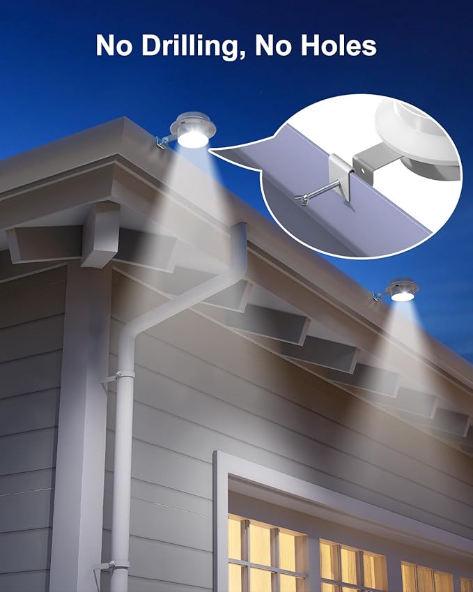 4 Pack White Solar Powered Gutter Lights Outdoor Decorative Waterproof Led Fence Lamp for Lighting Railing, Outside Wall, Deck, Garden, Path, Backyard, Sidewalk, Yard, Patio, No Drilling Installation