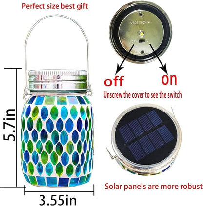 Solar Mosaic 2pack Outdoor Waterproof Cool Blue Mosaic jar Decor Christmas Gifts for Women Mom Grandma Halloween Hanging Solar Lights Decoration Outside for Yard, Patio,Backyard,Porch (Contemporary)