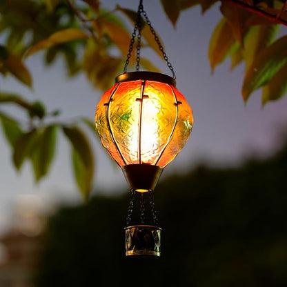 DREAMSOUL Rainbow Hot Air Balloon Solar Lantern, Metal & Glass Solar Lantern with Flickering Flame, Hanging Solar Lanterns Outdoor Waterproof for Lawn, Patio, Tree Decor
