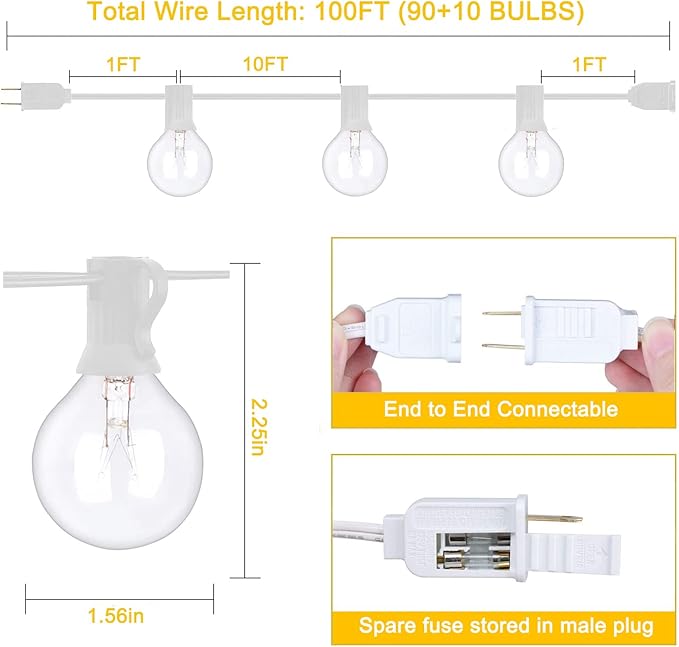 100ft White String Lights for Patio, Waterproof LED