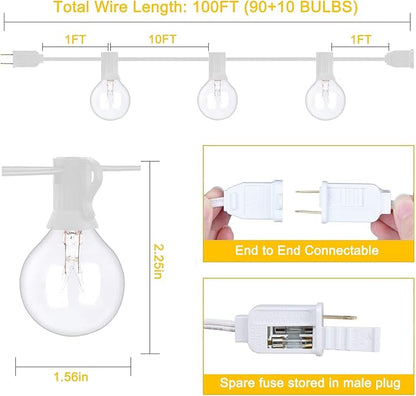 100Ft G40 Outdoor String Lights Patio Lights with 100 Edison Globe Bulbs, Connectable Outdoor String Lights Waterproof UL Listed for Indoor Porch Party Wedding Deck Balcony Wedding Party Decor- White