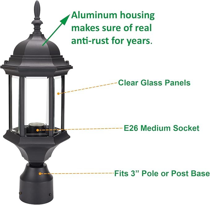 LIT-PaTH Outdoor Post Lighting Fixture Pole Lantern, E26 Medium Base Max 60W, Aluminum Housing Plus Glass, 2-Pack, Black Finish