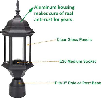 LIT-PaTH Outdoor Post Lighting Fixture Pole Lantern, E26 Medium Base Max 60W, Aluminum Housing Plus Glass, 2-Pack, Black Finish