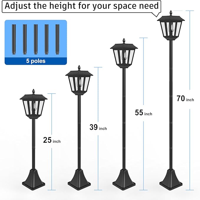 2Pack Solar Lamp Post Lights, Outdoor Solar Pole Light Waterproof 70" Tall Floor Street Lights Outside Garden Front/Back Door Yard Patio Decoraion, Warm White
