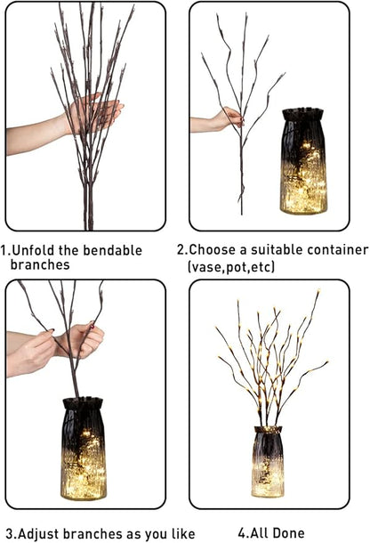 6PK Lighted Branches Brown Twig Stake with 120LED Warm White Lights, 30" Pathway Light for Outdoor and Indoor Use(Vase Excluded)