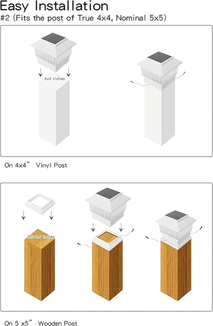 Solar Post Cap Lights 4 Pack, Modern #2: Fits True 4x4 Vinyl & 5x5 Wood Posts, 3 Color Temperature, 50 Lumen Waterproof Outdoor Lights for Deck Fence, Elegant White
