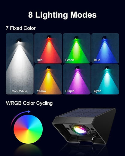 8 Pack Color Changing Solar Powered Fence Lighting Outdoor Decoration LED Waterproof Landscape Down Light for Outside Door, Garden, Balcony, Patio, Railing, Stair, 8 Colorful Modes, Easy 1-Min Mount