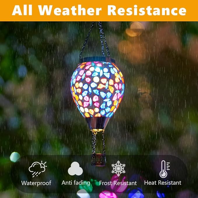 Mosica Hot Air Balloon Solar Lantern, Glass Hanging Solars Lanterns Outdoor Waterproof Decorative Solar Light for Garden, Yard, Patio Decor(Butterfly Pattern)