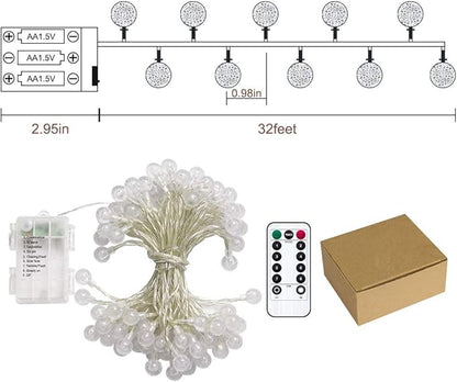 Metaku Globe Fairy Lights Battery Operated 33ft 80LED String Lights with Remote Waterproof Indoor Outdoor Hanging Decorative Christmas Lights for Home Party Patio Garden Wedding
