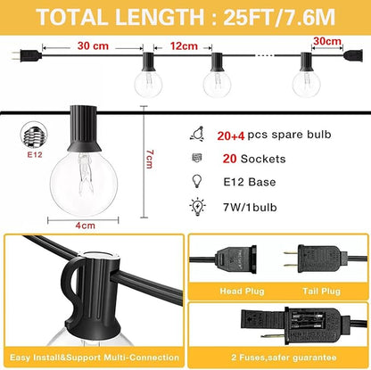 25FT G40 Globe Patio Lights with 20 Edison Glass Bulbs(4 Spare),5W E12 Base Warm Yellow Outdoor String Lights,Waterproof Connectable Hanging Light for Backyard Porch Balcony Party Decor