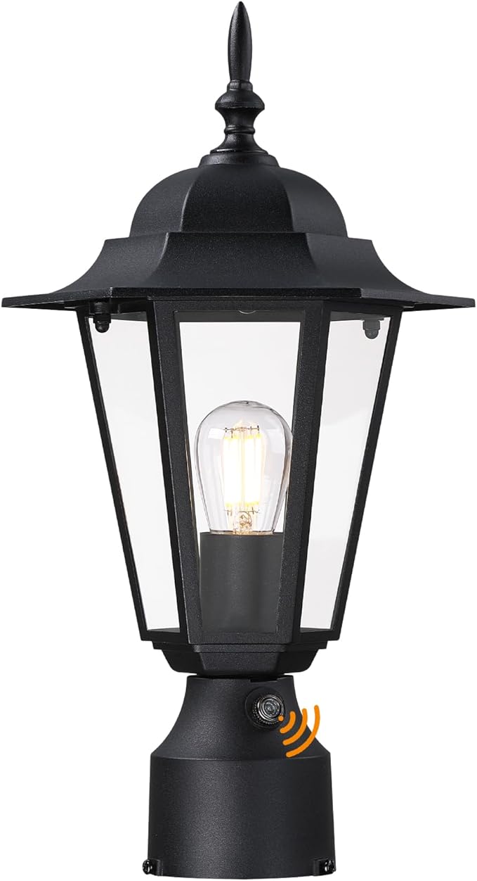 GRUENLICH Dusk to Dawn Outdoor Post Lights, Modern Black Exterior Lamp Post Light Fixture, Anti-Rust Aluminum Pole Lantern for Garage Front Yard, 1 Pack