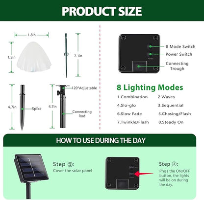 OZS 2PK 32LED 55FT Mushroom Solar Garden Lights Outdoor, Solar String Lights Waterproof with 8 Lighting Modes, Solar Garden Decor for Outside, Pathway Light for Yard Decoration (Cool White)