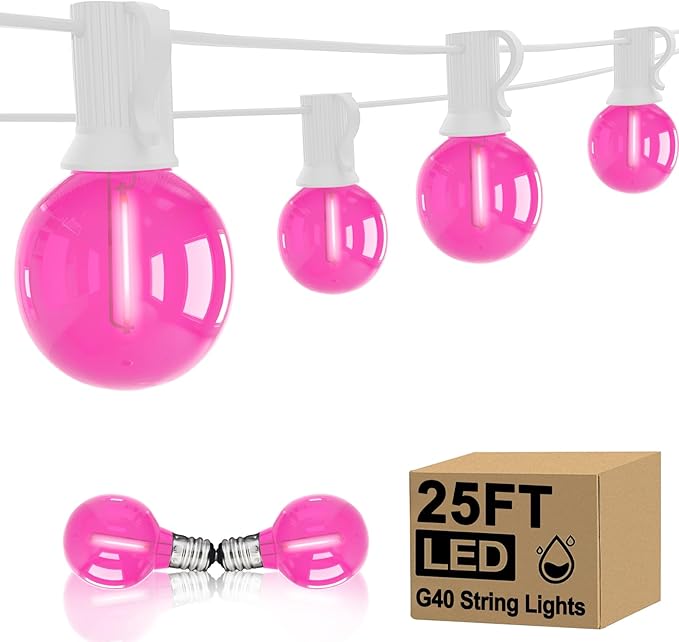 25FT G40 LED Outdoor Valentine's Day String Lights, Pink Valentine's Day Decorations Lights with 27 Shatterproof Pink Globe Bulbs, Hanging Patio Lights Waterproof for Holiday Backyard Party Garden