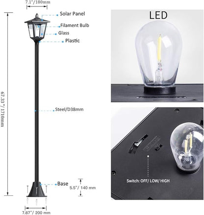 Greluna 67" Solar Lamp Post Lights Outdoor 50 Lumens, Solar Powered Vintage Street Lights for Garden, Lawn, Pathway, Driveway, Front/Back Door（Planter not Included）