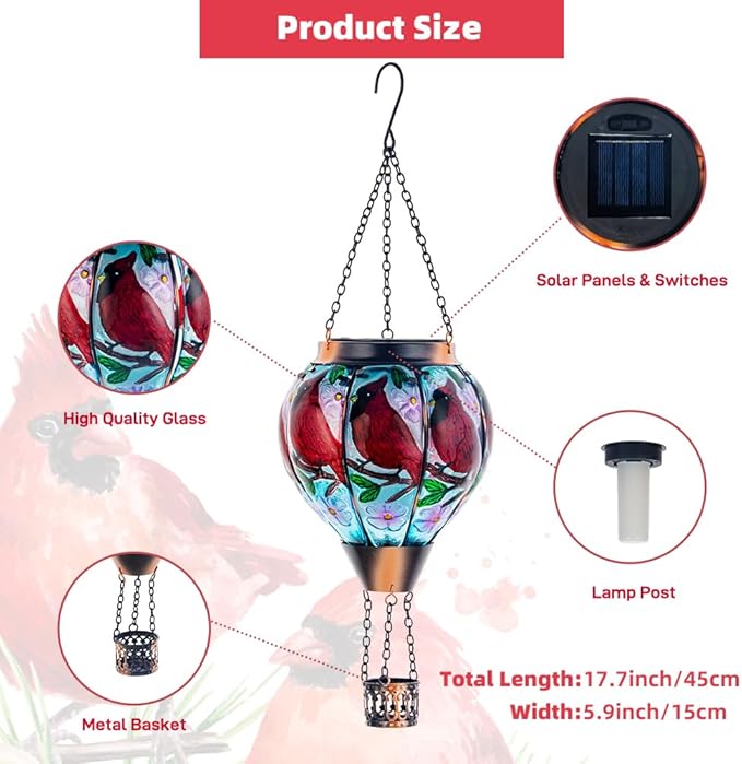 DREAMSOUL Cardinal Hot Air Balloon Solar Lantern, Hanging Solar Lanterns Outdoor with Flickering Flame Light, Glass Outdoor Lantern Waterproof for Patio Yard Party Gift Decor