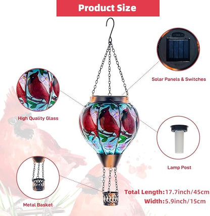 DREAMSOUL 2PCS Cardinal Hot Air Balloon Solar Lantern, Hanging Glass Solar Lanterns Outdoor Waterproof for Yard Party Gift