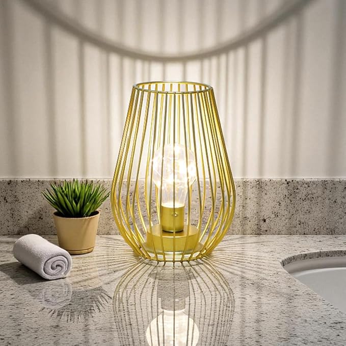 TRIROCKS Metal Battery Operated Lamp 8'' Tall Cage Shape Cordless Table Lantern with Warm Fairy Lights Bulb for Thanksgiving Christmas Patio Garden Wedding Parties Indoor Outdoor (Golden)