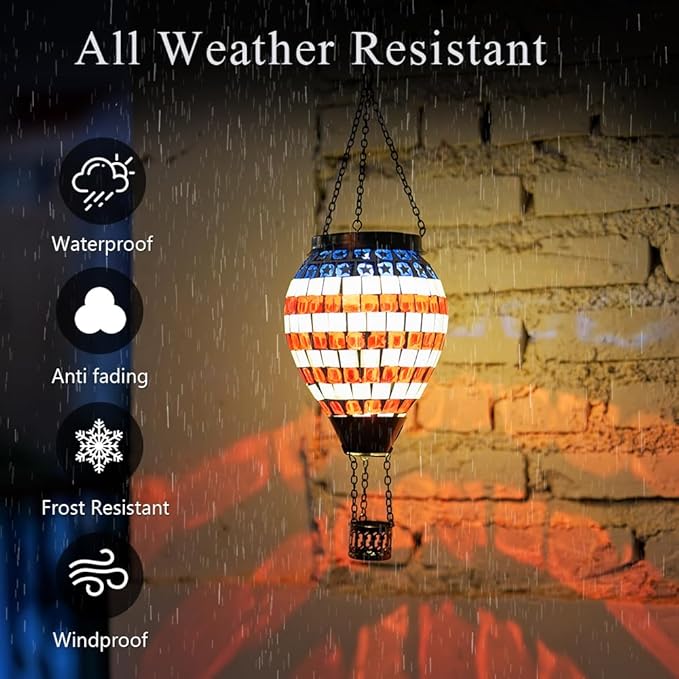 Flag Hot Air Balloon Solar Lantern, Mosica Glass Hanging Solar Lanterns Outdoor Waterproof for Garden, Yard, Patio Decor