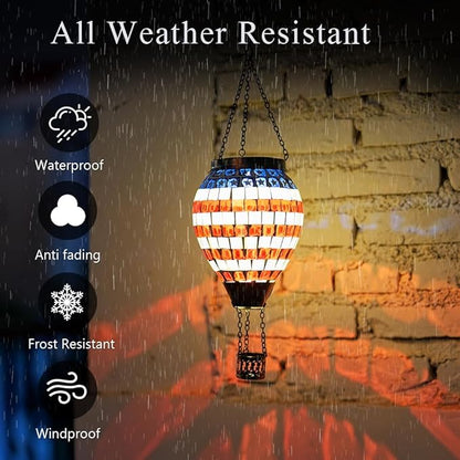 Flag Hot Air Balloon Solar Lantern, Mosica Glass Hanging Solar Lanterns Outdoor Waterproof for Garden, Yard, Patio Decor