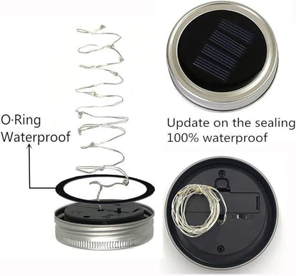 Solar Mason Jar Lights, 6 Pack 20 LED Waterproof Fairy Star Firefly String Lights with 6 Hangers (Jar Not Included), for Mason Jar Garden Wedding Christmas Party Decor（4 Colors）