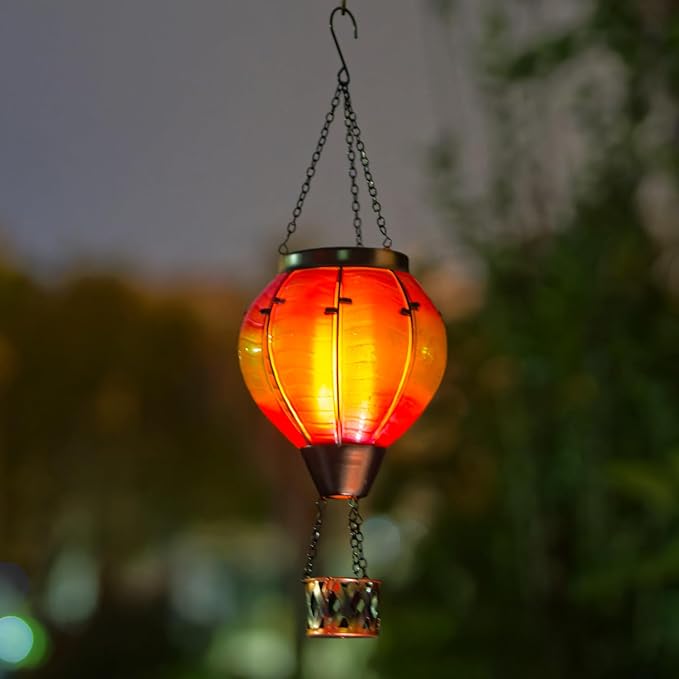 Gradient Hot Air Balloon Solar Lanterns Outdoor Waterproof,Gradient Glass Solar Hanging Hot Air Balloon Lantern with Flame Flickering Lights for Patio,Porch,Yard Decor